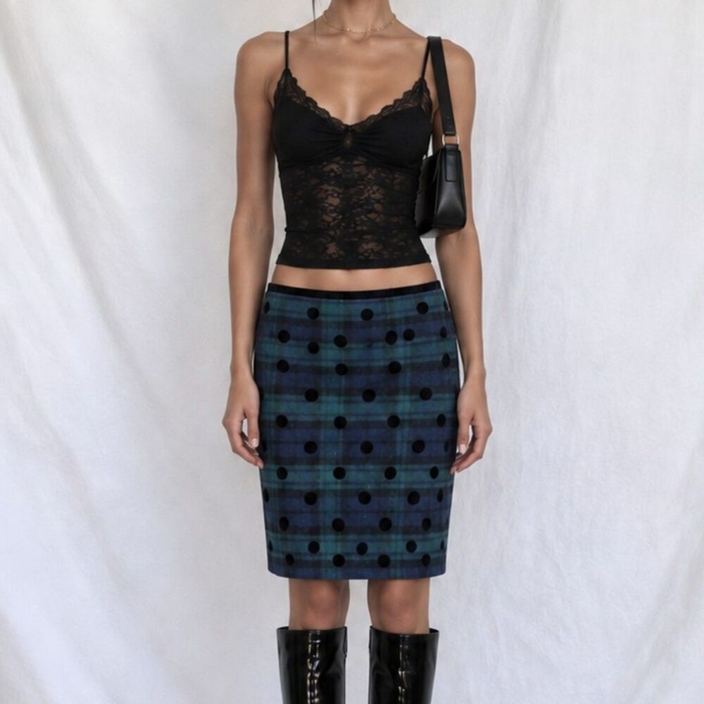 Vintage Y2K Blue Black Wool Blend Polka Dot Checkered Knee Length Pencil Skirt L